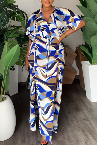 Multicolor Casual Print Patchwork Frenulum V Neck Short Sleeve Dress Dresses