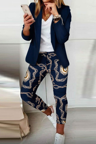 Tibetan Blue Casual Print Patchwork Cardigan Pants Turn-back Collar Long Sleeve Two Pieces