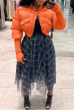 Orange Casual Solid Patchwork Cardigan Mandarin Collar Outerwear