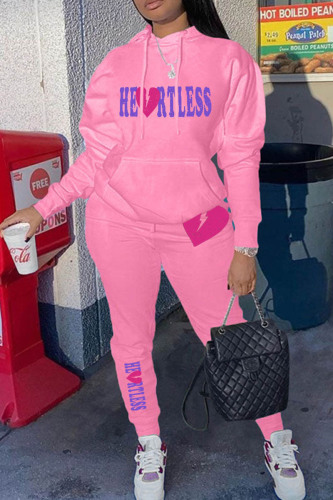 Pink Casual Letter Print Patchwork Hooded Collar Long Sleeve Two Pieces