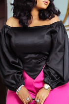 Black Elegant Solid Patchwork Asymmetrical Off the Shoulder Tops