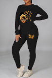 Black Vintage Print Patchwork O Neck Long Sleeve Two Pieces