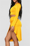 Yellow Sexy Solid Patchwork Backless Slit Oblique Collar Long Sleeve Two Pieces