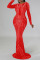 Red Sexy Solid Patchwork See-through Hot Drill O Neck Evening Dress Dresses