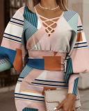 Nude Pink Sexy Casual Print Bandage Printing V Neck Wrapped Skirt Dresses