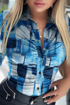 Blue Casual Print Patchwork Shirt Collar Tops