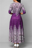 Purple Casual Print Basic O Neck Long Sleeve Dresses