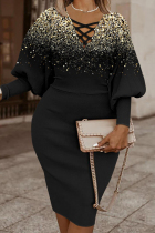 Black Sexy Casual Print Bandage Printing V Neck Wrapped Skirt Dresses