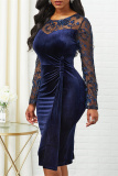 Navy Blue Casual Solid Patchwork See-through O Neck Long Sleeve Dresses