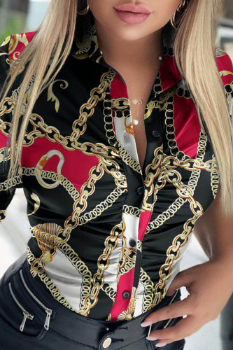 Black Red Casual Print Patchwork Shirt Collar Tops