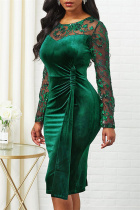 Green Casual Solid Patchwork See-through O Neck Long Sleeve Dresses