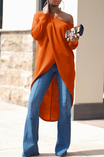 Tangerine Red Casual Solid Patchwork Asymmetrical Oblique Collar Tops
