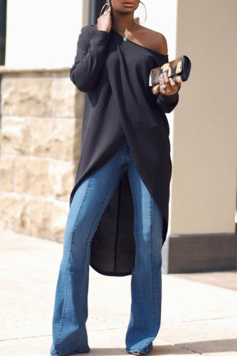Black Casual Solid Patchwork Asymmetrical Oblique Collar Tops