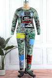 Camouflage Casual Street Sportswear Print Patchwork O Neck Plus Size Two Pieces