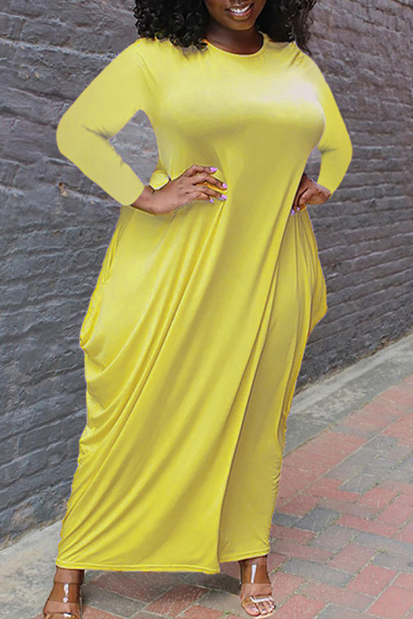 Yellow Casual Solid Patchwork Asymmetrical O Neck Irregular Dress Plus Size Dresses