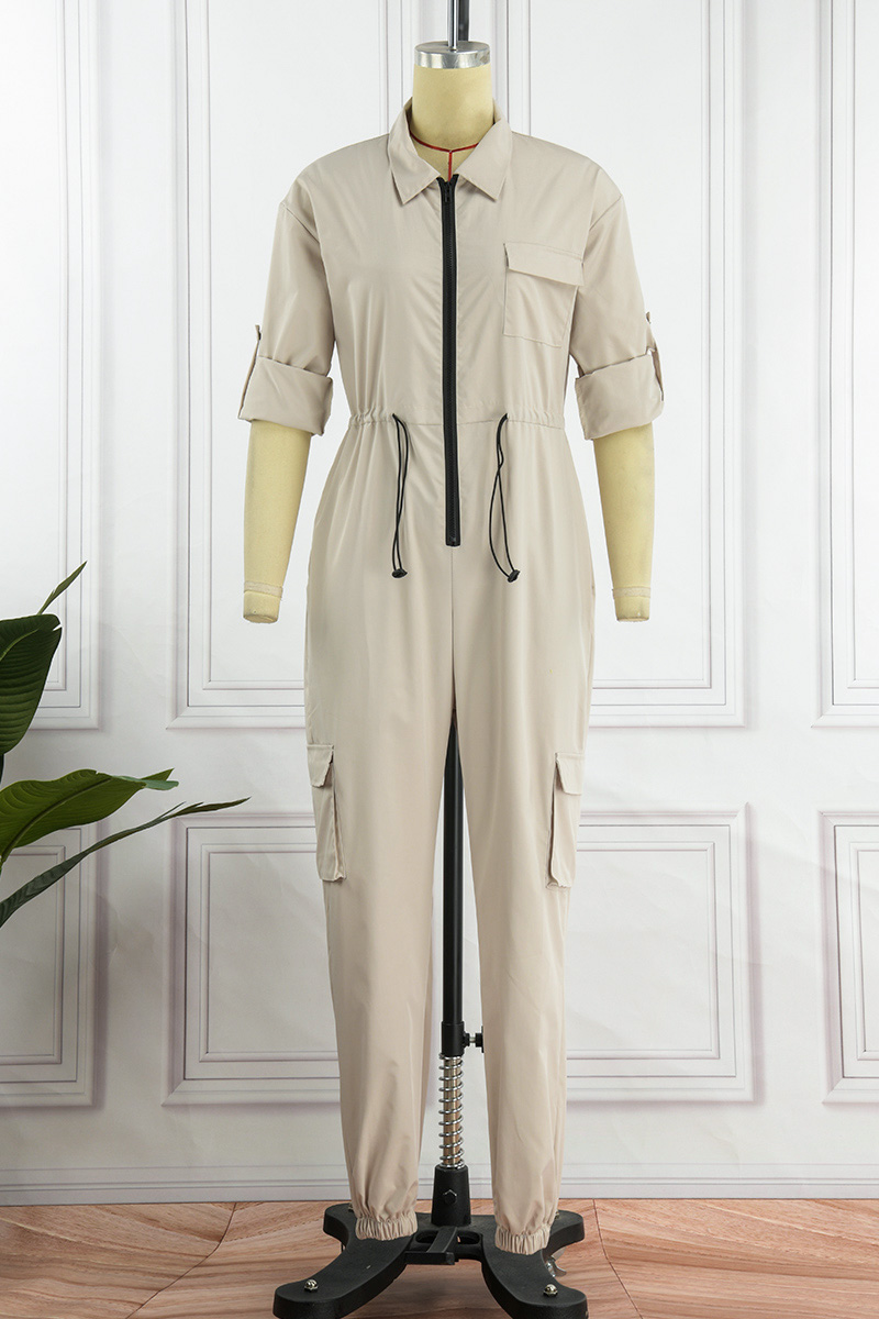 Casual Pocket Buckle Patchwork Turndown Collar Regular Jumpsuits(4 Colors)
