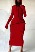 Red Casual Solid Patchwork Hooded Collar Wrapped Skirt Dresses