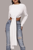 Cream White Casual Solid Slit O Neck Tops (Without Belt)