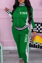 Green Casual Print Letter Zipper Collar Long Sleeve Two Pieces
