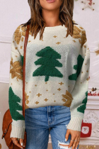 Cream White Casual Christmas Tree Patchwork O Neck Tops