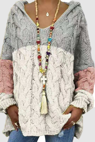 Gray White Fashion Street Solid Patchwork Hooded Collar Tops