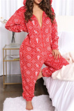Red Black Casual Living Print Patchwork Hooded Collar Regular Jumpsuits