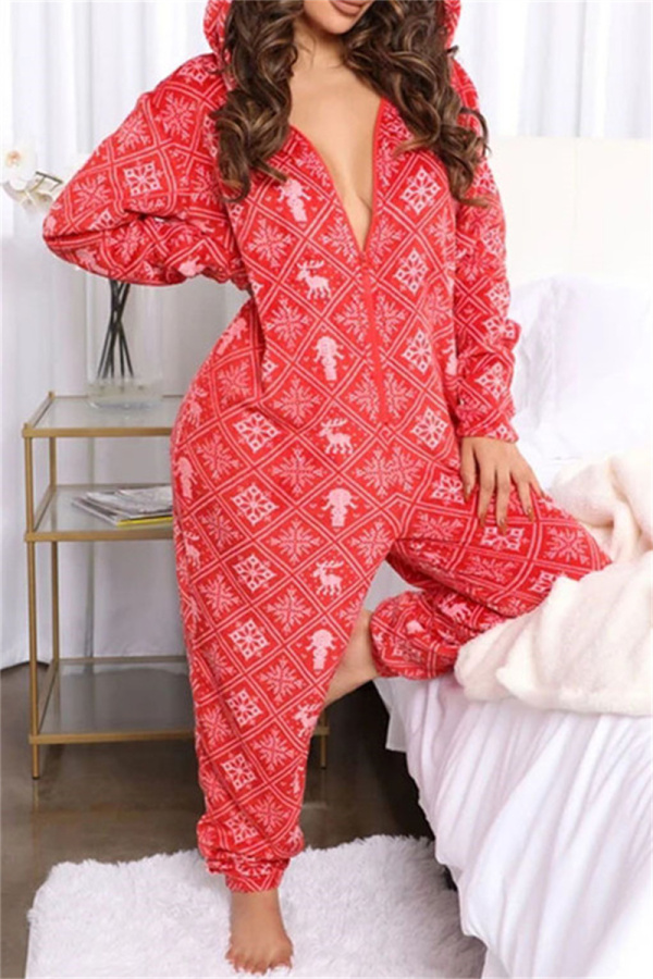 Red Casual Living Print Patchwork Hooded Collar Regular Jumpsuits