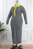 Black Casual Striped Print Patchwork Turndown Collar Long Sleeve Plus Size Dresses