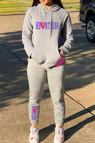 Grey Casual Letter Print Patchwork Hooded Collar Long Sleeve Two Pieces