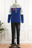 Blue Casual Sportswear Letter Print Patchwork Hooded Collar Long Sleeve Two Pieces