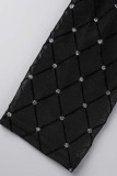 Black Sexy Patchwork Frenulum See-through Backless Slit Oblique Collar Long Sleeve Three-piece Set