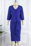 Blue Casual Work Solid Patchwork Buckle Flounce V Neck Long Sleeve Two Pieces