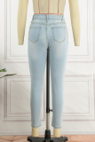 Medium Blue Casual Solid Ripped Patchwork Metal Accessories Decoration High Waist Skinny Denim Jeans