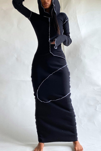 Black Casual Solid Patchwork Hooded Collar Wrapped Skirt Dresses