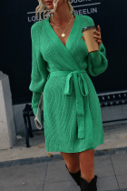 Green Fashion Solid With Belt O Neck Tops