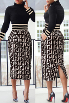 Black Work Print Patchwork Printing Half A Turtleneck Wrapped Skirt Dresses