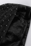 Black Sexy Patchwork Frenulum See-through Backless Slit Oblique Collar Long Sleeve Three-piece Set
