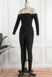 Black Casual Solid Backless Off the Shoulder Long Sleeve Two Pieces