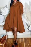 Coffee Casual Solid Patchwork Buckle Asymmetrical Turndown Collar Shirt Dress Plus Size Dresses