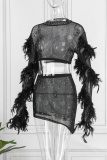 Black Sexy Patchwork Hot Drilling See-through Feathers O Neck Long Sleeve Two Pieces