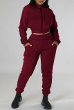 Burgundy Casual Solid Patchwork Hooded Collar Long Sleeve Two Pieces