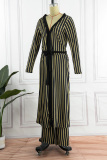 Gold Casual Striped Print Cardigan Pants V Neck Long Sleeve Two Pieces