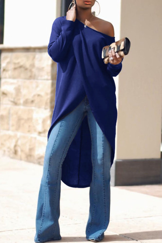 Royal Blue Casual Solid Patchwork Asymmetrical Oblique Collar Tops
