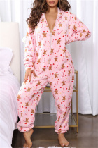 Pink Casual Living Print Patchwork Hooded Collar Regular Jumpsuits