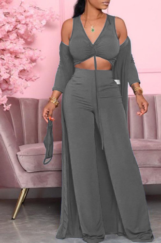 Grey Casual Solid Fold Long Sleeve Two Pieces