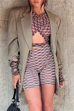 Brown Sexy Print Hollowed Out Patchwork V Neck Long Sleeve Two Pieces