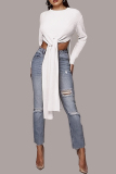 Cream White Casual Solid Slit O Neck Tops (Without Belt)