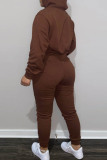 Brown Casual Letter Print Basic Hooded Collar Long Sleeve Two Pieces