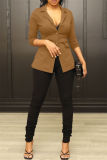 Khaki Casual Solid Patchwork Turn-back Collar Outerwear