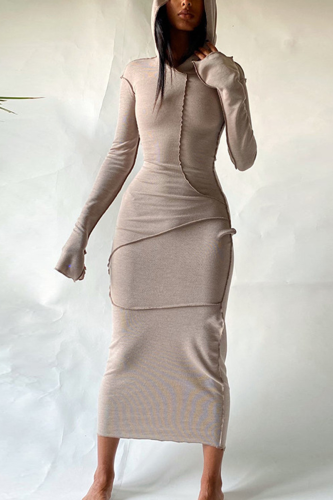 Khaki Casual Solid Patchwork Hooded Collar Wrapped Skirt Dresses